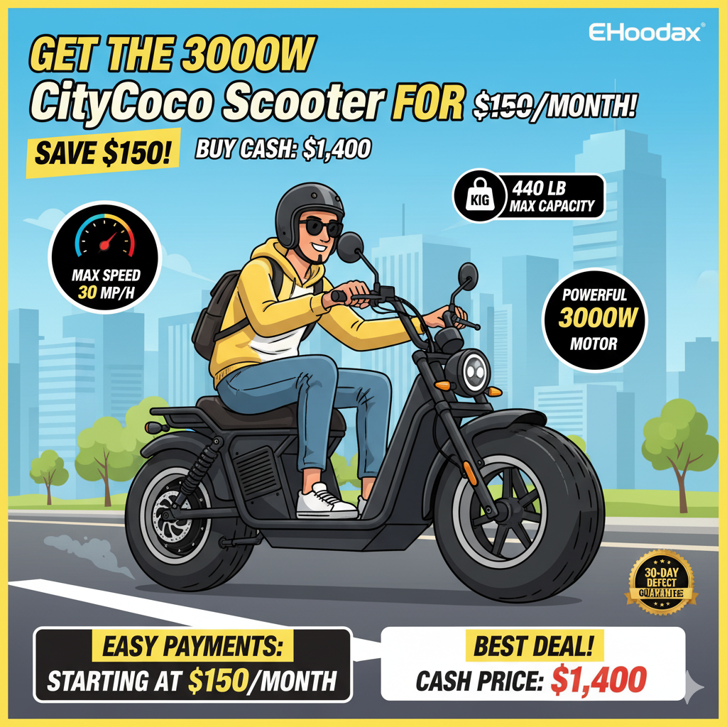 EHoodax CityCoco Adult Electric 2 Wheel Scooter 3000W Motor Max Speed 50KM/H Max Load 200KG 18 Inch Fat Tire Electric Scooter